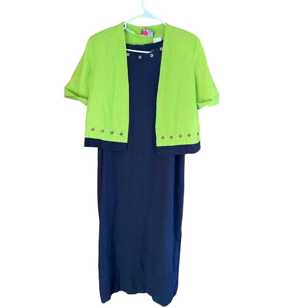 Melissa Harper Womens 10 Green Navy 2 Pc Maxi Dress Jacket Linen Blend Coastal
